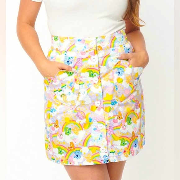 UNIQUE VINTAGE x Care Bears Rainbow Print Mini Skirt Heart Pockets White XS - Picture 12 of 14
